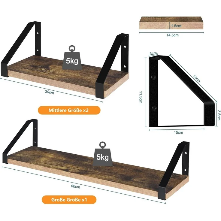 EUGAD Wandregal, Set 3-tlg, Hängeregal Wanddeko Vintage-Holzoptik und Schwarz – Bild 2
