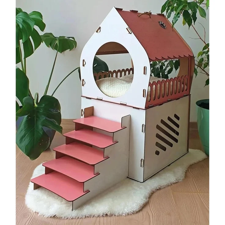 Jungengel Tierhaus XL Katzenhütte Katzenhaus Rosa Pink Holz Katzenhöhle Katzenbett, XL 65×70×30 cm, Einfache Montage mit Anleitung, Robust & Hingucker! – Bild 4