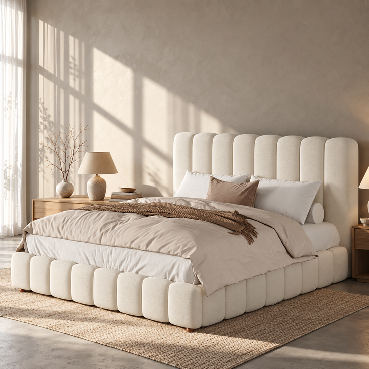 Merax Polsterbett, Doppelbett, 200*200cm, Bett mit Lattenrost und gepolstertes Kopfteil, Beine aus Massivholz, beige, samt – Bild 2