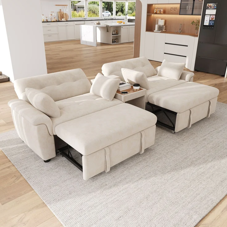 ZUBALIYA Schlafsofa 102x54.5 cm, mit Stauraum, mit Ausziehbett, mit Chenille - Bezug, mit breiten Armlehnen, Beige – Bild 6