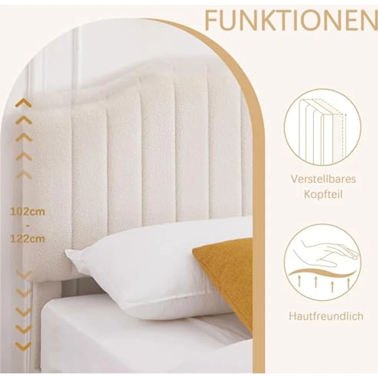 Polsterbett 140x200 cm Doppelbett, Bettgestell aus Teddy-Stoff mit höhenverstellbarem Kopfteil und Lattenrost aus Massivholz, 20 cm Stauraum unter dem Bett, modern, geräuscharm, beige – Bild 4