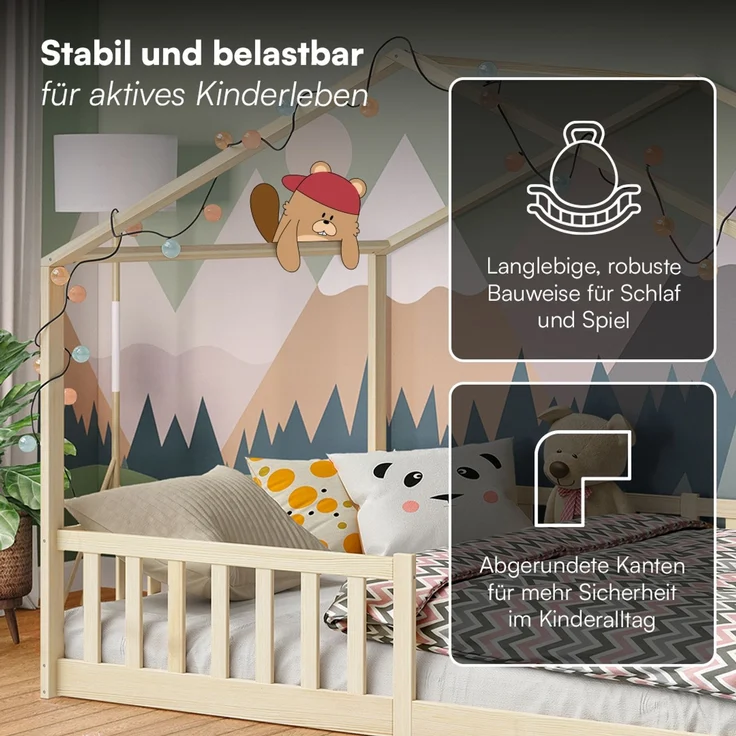 Bellabino 'Bia' Hausbett 140x200 cm, natur, Kiefer Massivholz, Bodenbett in Hausoptik, Montessori Kinderbett mit Rausfallschutz und Lattenrost – Bild 7