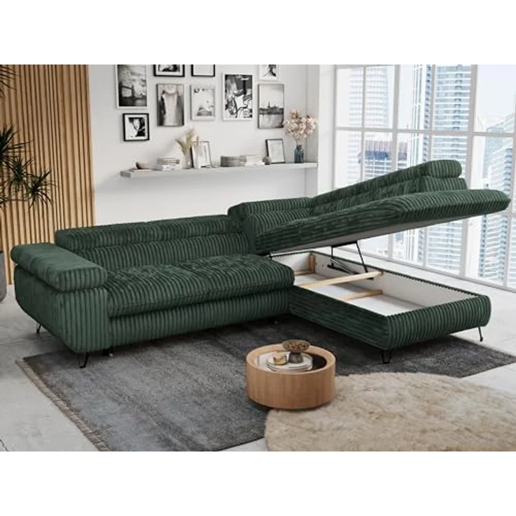 Mks Möbel 'Peter L-form' Ecksofa mit Bettfunktion, Bettkasten & einstellbaren Kopfstützen, Grün, Cord, rechts – Bild 5
