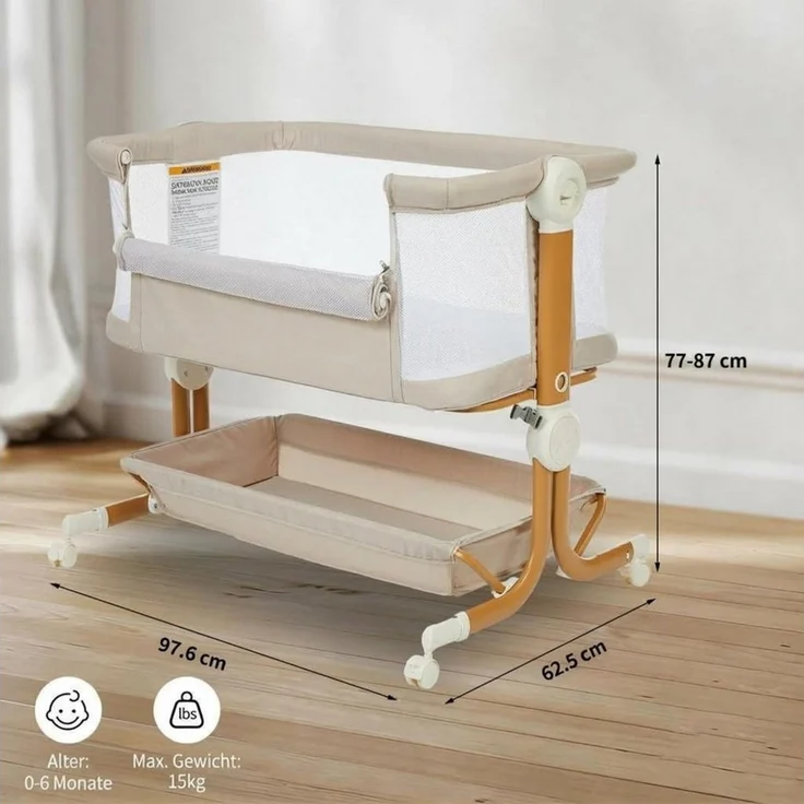 GarveeMore Babybett 3-in-1 Beistellbett Mobiles Babybett, höhenverstellbar, atmungsaktiv – Bild 3