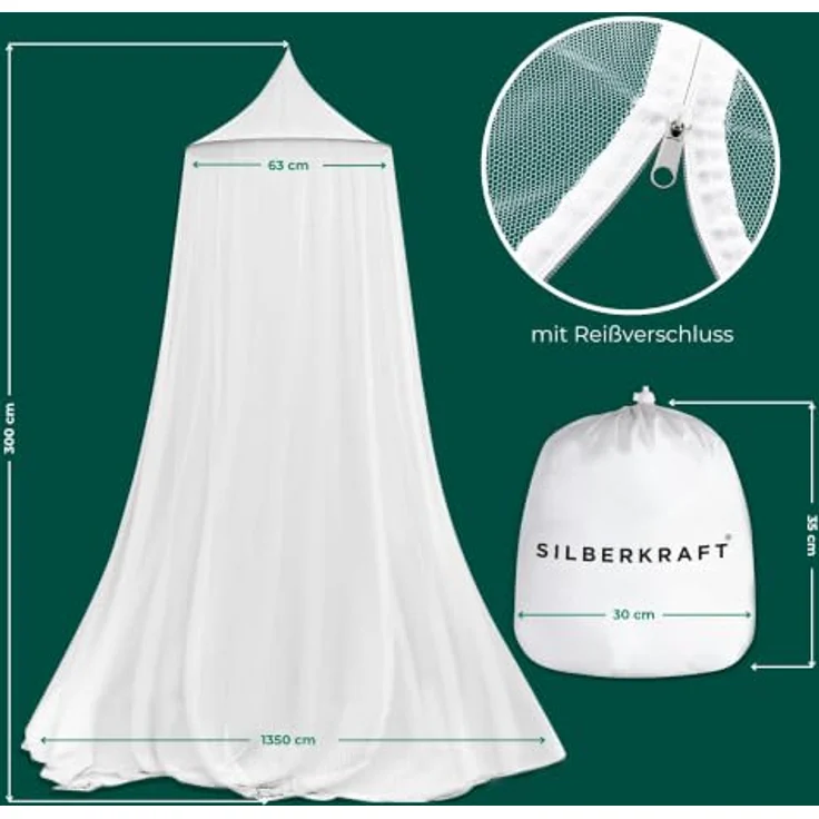 Silberkraft Moskitonetz mit Klebehaken, reißfestes Polyester, für Bett, Reisen und Camping, 225er Mesh, 1-tlg, mit Tragebeutel – Bild 6