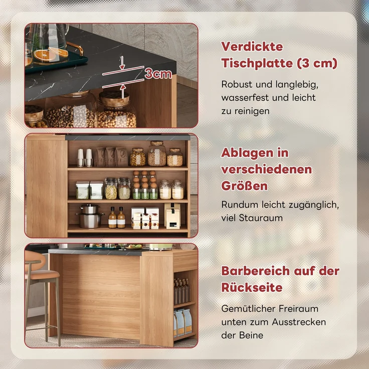 Merax 140×60×90 cm Kücheninsel Bartheke, Bartisch, Esstisch, 5 Ebenen Stauraum & versteckte Schublade, verdickte Tischplatte, Eiche & Schwarz – Bild 5