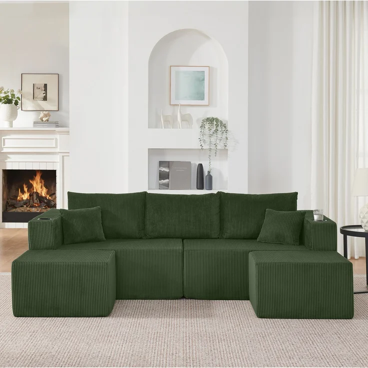 Ecksofa 3-Sitzer aus Cordstoff mit beweglichen Ottomanen, Getränkehaltern & Seitentaschen, 230×138×75 cm, Grün – Bild 3