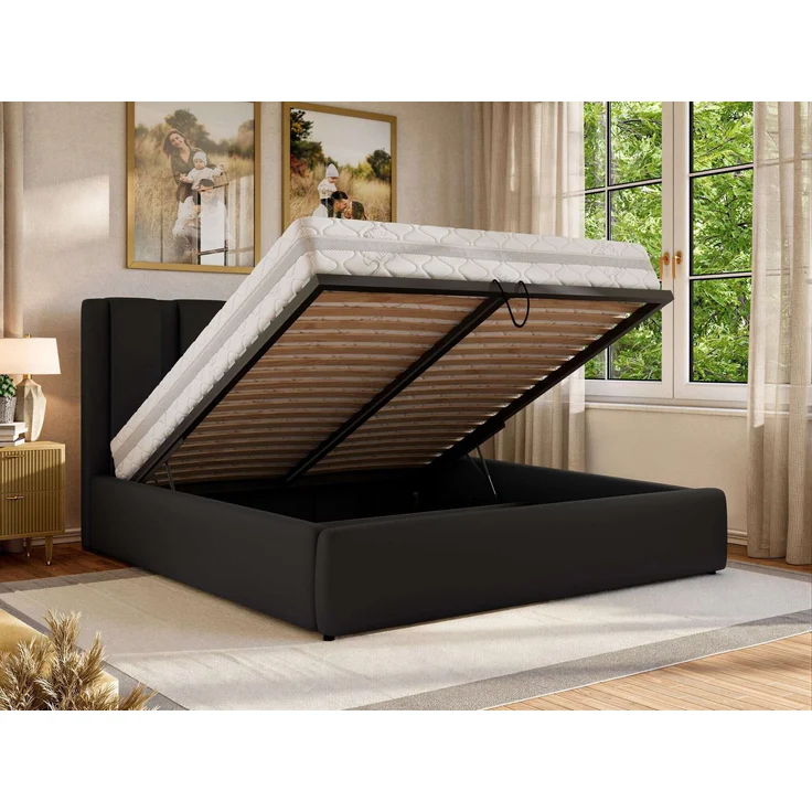 Polsterbett SAVINO CLASSIC mit Bettkasten und Lattenrost Doppelbett 180 x 200 cm mit hohem Kopfteil Stauraumbett Bett mit Gasdruckfeder - Schwarz Kunstleder - Pocket Matratze - VIRE LUX – Bild 4