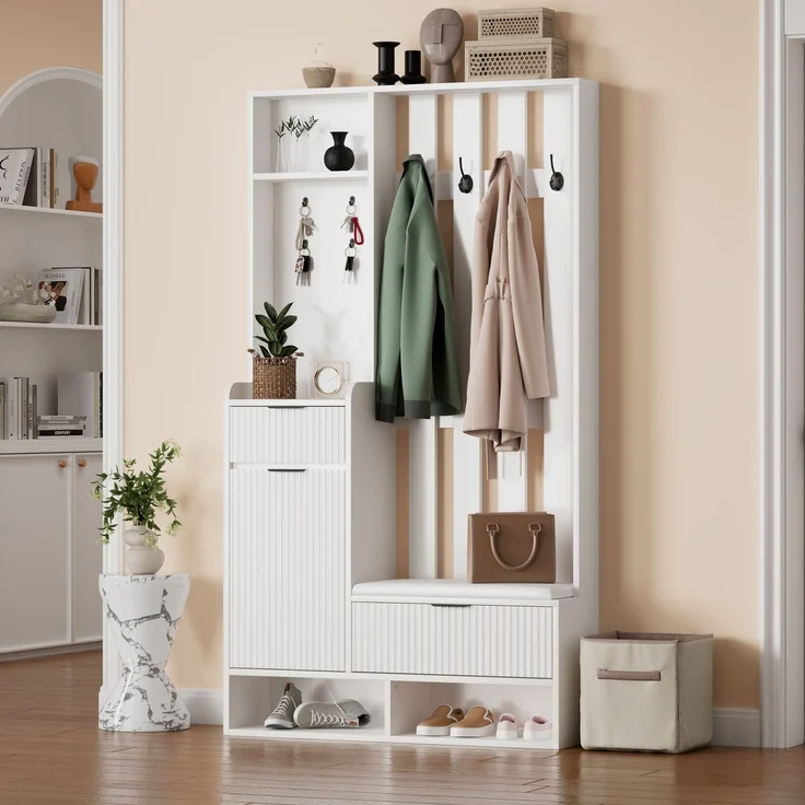 100*30*180cm Garderobenständer 6-in-1, mit 8 Haken, Schuhbank und Ablagen, Kippschutz,Kompaktgarderoben Mit Schubladen und Schränken,100cm breit,Schuhschrank, weiß – Bild 2