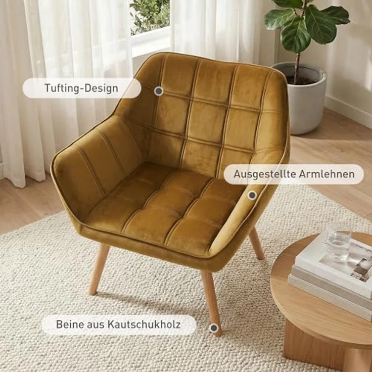 HOMCOM Relaxsessel Polstersessel mit Samtoptik, skandinavisch (Esszimmerstuhl, 1-St, Stuhl), für Wohnzimmer, Schlafzimmer, Gelb – Bild 7