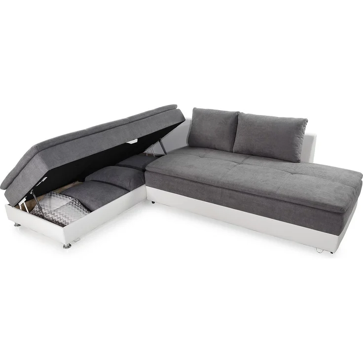 Ecksofa-Dauerschläfer Doppelbett Federkern Bettkasten Couch in Hellgrau Weiß – Bild 3