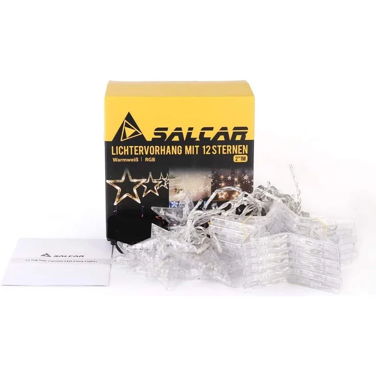 SALCAR 2m x 1m LED Lichtervorhang Fenster Weihnachten, 12er Sterne Lichterkette Innen Außen, Fensterbeleuchtung Hängend mit 8 Modi und Memory-Funktion, Bunt – Bild 7