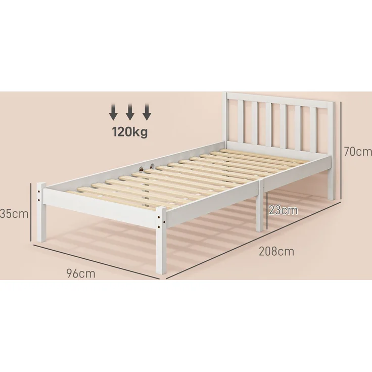 Einzelbettgestell, Kopfteil & Lattenrost, 26cm Freiraum unter Bett, Kiefernholz, 208x96x70 cm, Weiß--Weiß--208x96x70cm--YOUDENOVA – Bild 5