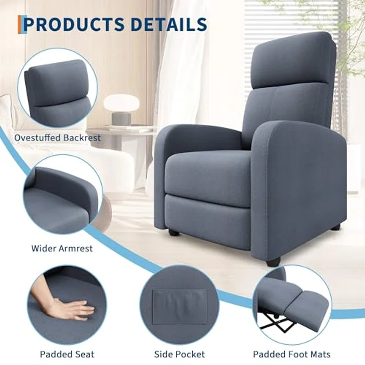 GarveeHome Relaxsessel Fernsehsessel Ruhesessel Liegesessel mit Liege-Funktion Polstersessel Leinen verstellbar Einzelliegesessel Wohnzimmer Schlafzimmer Heimkino (Grau2) – Bild 5