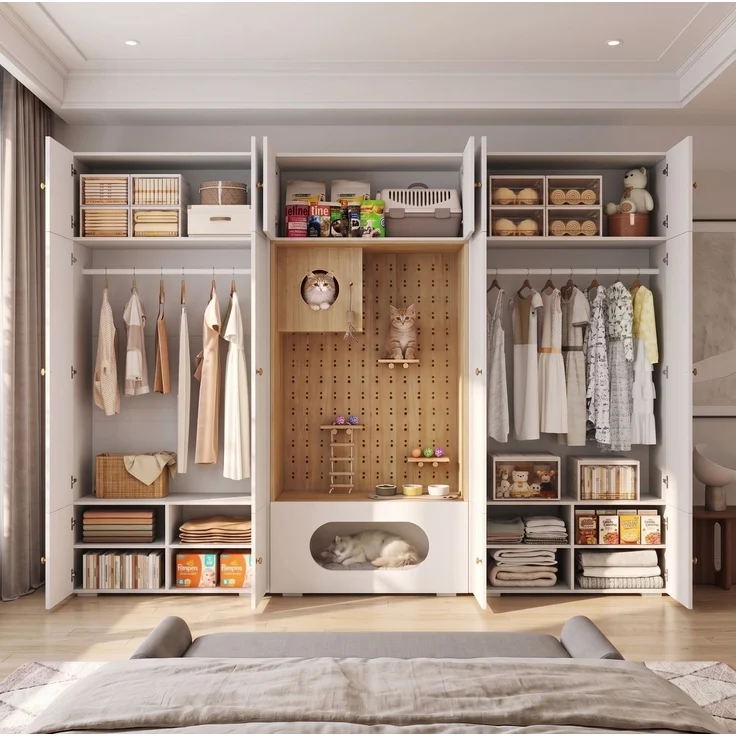 CHICFURN Kleiderschrank 270x200x50 cm aus Spanplatte mit Kleiderstange und Katzenkletterwand – Weiß/Holzoptik – Bild 3