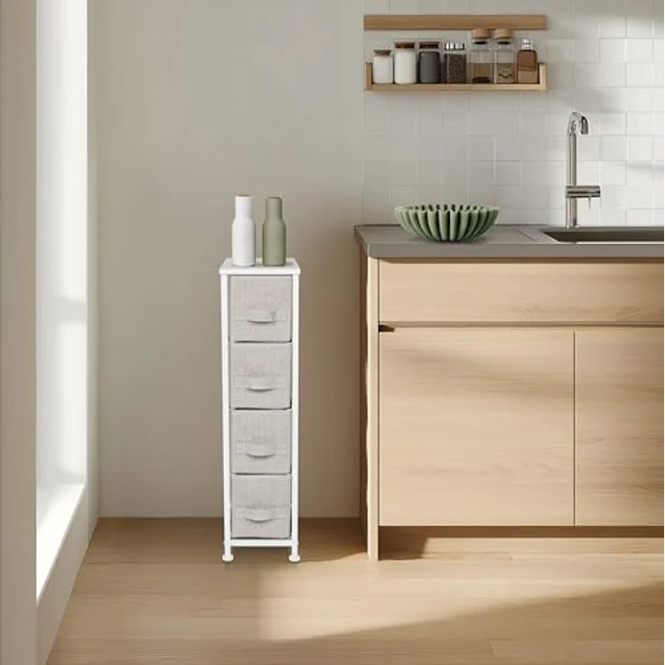 hjh LIVING Kommode mit 4 Stoffschubladen FOLDRESS S 20 x 48 x 76 cm Schubladenkommode Organizer, höhenverstellbare Fußgleiter, Metall-Gestell, Grau – Bild 5