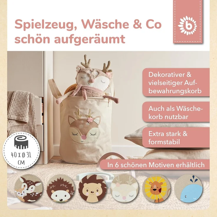 Bieco Wäschekorb Baby Reh Ella | Großer Aufbewahrungskorb Kinder Baumwolle und Wasserabweisend | Aufbewahrung Kinderzimmer | Wäschekorb Kinder Wäschekorb Kinderzimmer Mädchen Spielzeug Korb – Bild 2