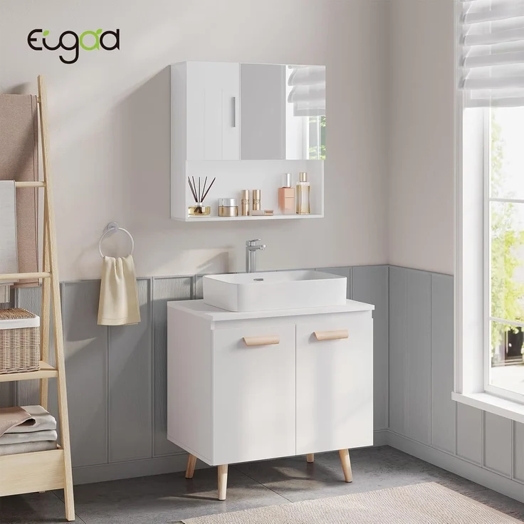 EUGAD Spiegelschrank (1-St) mit Tür, 5 Fächern, aus E1-MDF, Weiß, 54 x 55 x 15 cm – Bild 2