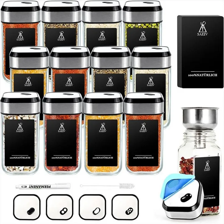 KingLux Gewürzbehälter 360° Rotation 120ml Gewürzgläser Eckig Set, Drei Kaliber, borosilikatglas, (Set, 12-tlg)