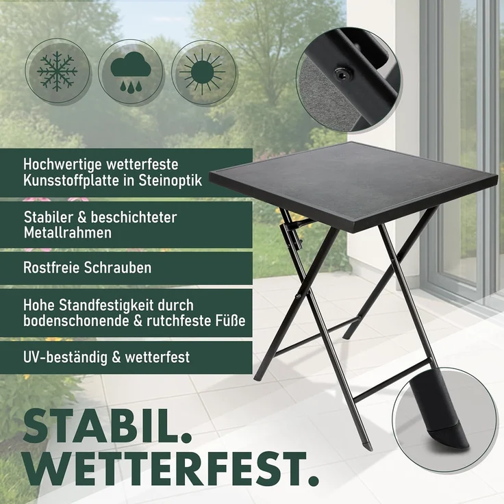 BRUBAKER Gartentisch Bergamo - 58 x 58 cm Balkontisch wetterfest (1-St, Campingtisch eckig mit Stein Optik - Klapptisch für Balkon, Terrasse), Metall Beistelltisch klappbar - Bistrotisch – Bild 4