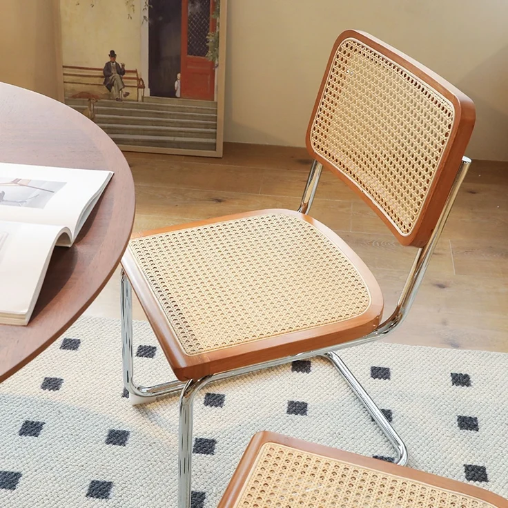 LVHOM 2er Set Freischwinger, Esszimmerstuhl mit Wiener Geflecht, Bauhaus Küchenstuhl aus Natur-Rattan, 25mm Chromgestell, stapelbarer Wohnzimmerstuhl, Braun – Bild 8