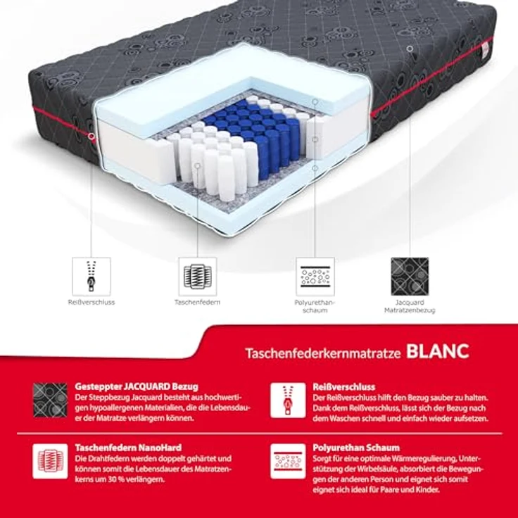 FDM Matratze LUNO 140x200 cm, 7 Zonen H3 Taschenfederkern Kaltschaum, waschbarer Jacquard-Bezug, Höhe 21 cm – Bild 4