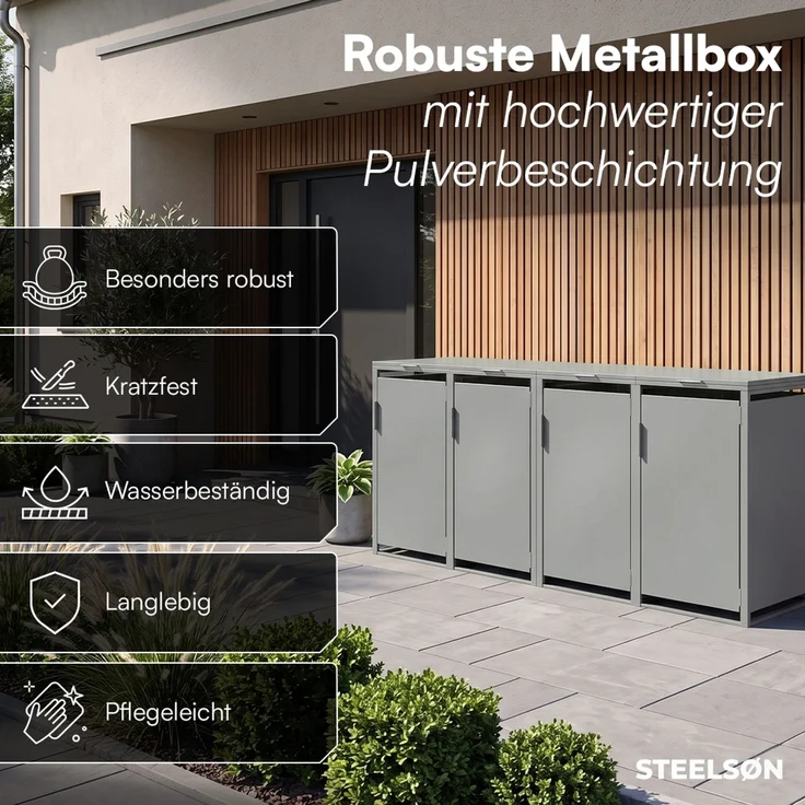 STEELSØN 'Thoria' Mülltonnenbox 4er je 240 Liter, grau, Mülltonnenverkleidung aus Stahl, wetterfest, 116x80x268 cm, Müllbox für 4 Tonnen – Bild 4
