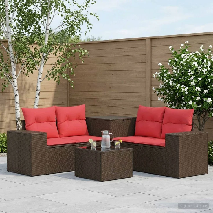 vidaXL Sofa Set 6 stk. Braun und Rot Polyrattan und Stahl 3447565 – Bild 1