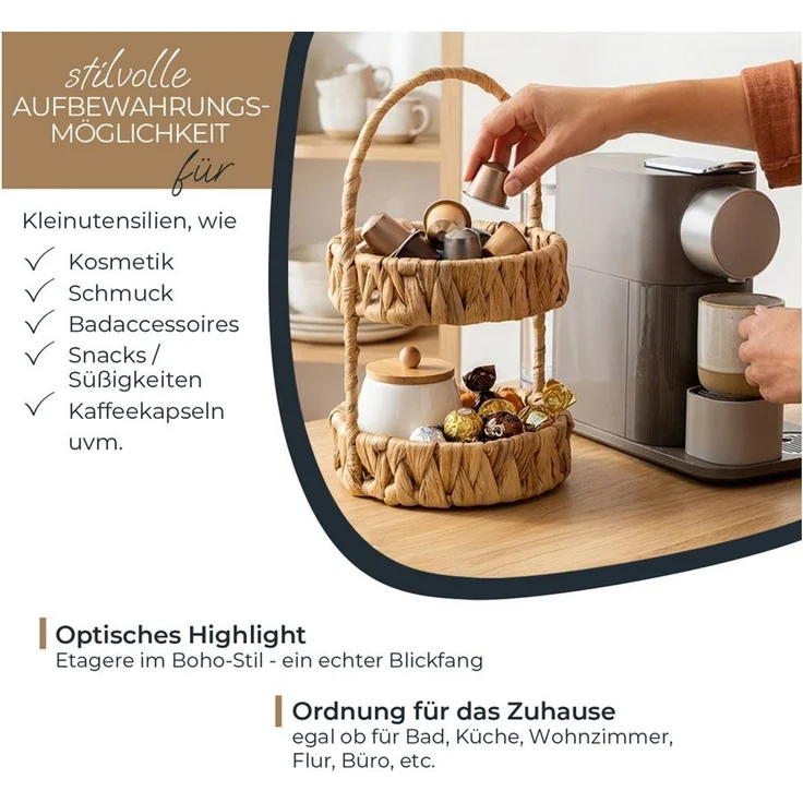 HMF Dekoetagere Etagere 2-stöckig geflochten aus Wasserhyazinthe, runder (1 St), Aufbewahrungsorb mit Henkel, 30 x 17 x 17 cm – Bild 3