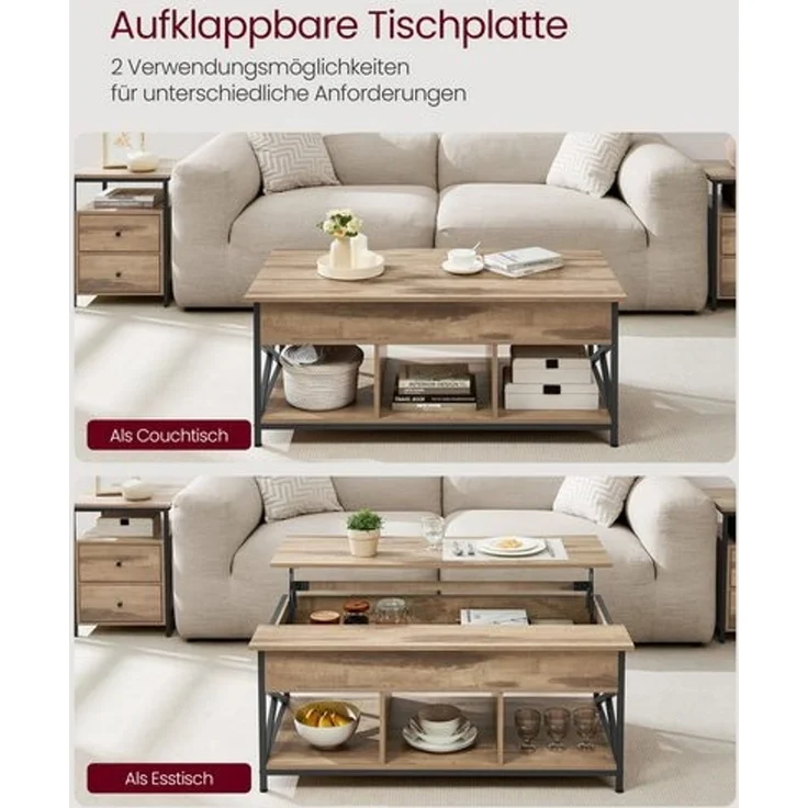 Vasagle Couchtisch, höhenverstellbarer Wohnzimmertisch, Kaffeetisch, offener und versteckter Stauraum, X-Streben, 60x120 x (48-62) cm,kamelbraun-schwarz – Bild 3