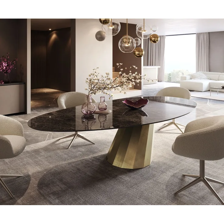 Esstisch Edge Oval 280x130 Keramik Emperador Extra Lucidato Dunkelbraun Parabel Metallic Gold