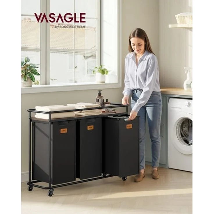 VASAGLE Wäschekorb mit 3 Fächern, Wäschesortierer mit Rädern, 150 L Wäschewagen mit Ablage, schwarz-braun – Bild 2