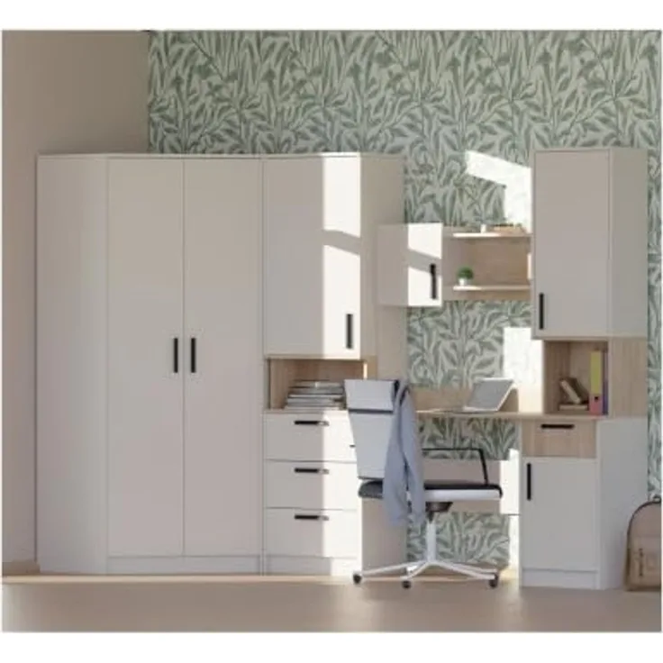 Marmex Möbel Grant Set-28C Jugendzimmer Komplett-Set 4-teilig mit Eckkleiderschrank, Standregal, Schreibtisch mit Aufsatz, Kinderzimmermöbel mit Schreibtisch, laminierte Spanplatte, graubeige cashmere+cremona torro 268/91x195x52,5cm