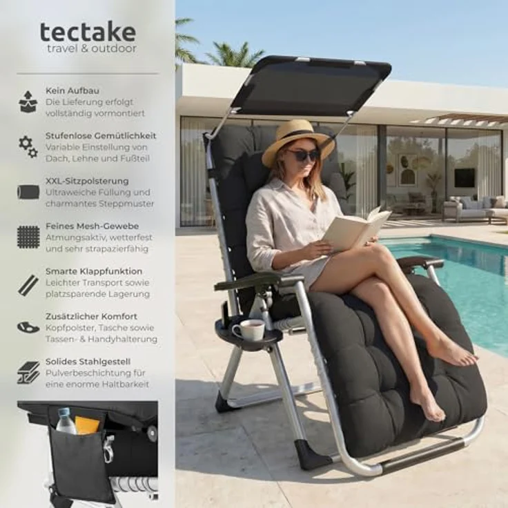 tectake® Sonnenliege klappbar, Liegestuhl, Gartenliege mit Sonnendach, Outdoor Sessel für Balkon oder Garten, Liege mit extra Dicker Auflage, Relaxliege belastbar bis 200kg - schwarz – Bild 4