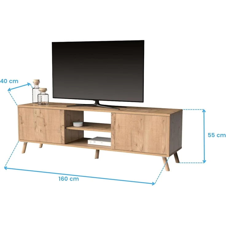 Muebles Pitarch | TV-Schrank mit Beinen, 2 Türen und Regal, industrieller Fernsehschrank, Eiche Gold, 55 x 160 x 40 cm, Wohnzimmermodul, Modern, Modell Oslo – Bild 9