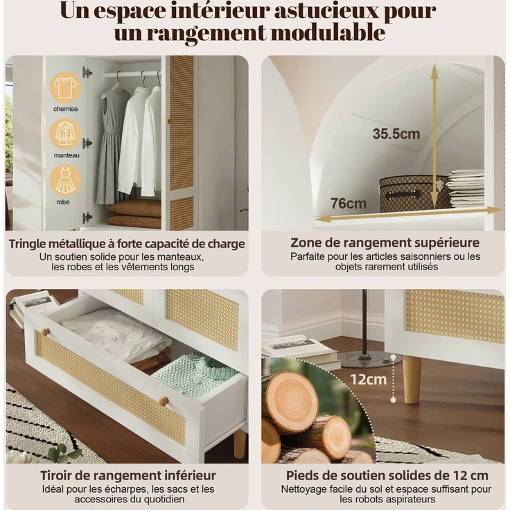 Kleiderschrank 80x50x180 cm aus Holz in Rattan-Optik, Schrank in Weiß mit Bogen-Design, Wäscheschrank mit Kleiderstange und Schublade, Garderobenschrank für Schlafzimmer, Kinderzimmer, Flur--Weiß--80x50x180cm--YOUDENOVA – Bild 5