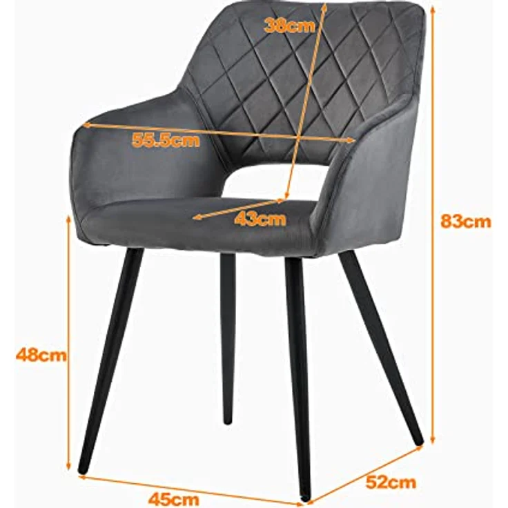 TUKAILAI Esszimmerstühle 2er Set aus Samt, Küchenstuhl Polsterstuhl mit Offener Rückenlehne,Armlehnen,Gepolstertem Sitz, Metallbeinen, Grau Stühle für Wohnzimmer,Esszimmer,Küche – Bild 4