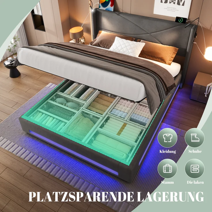 LVHOM Boxbett 160x200cm, Bettgestell mit integrierter Beleuchtung & Stauraum, USB/Typ-C-Ports, XXL-Hydraulik-Storage, platzsparend & Smart-Home-Anschlüssen – Bild 9