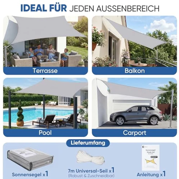 Sunula Sonnensegel Wasserdicht 2x3 m Rechteckig – Keine Mittelnaht, hochdichtes PES 160g/m², reißfest & wetterfest, mit Lotus-Effekt & bis zu 95% UV-Schutz, für Balkon Terrasse Garten, Hellgrau – Bild 7