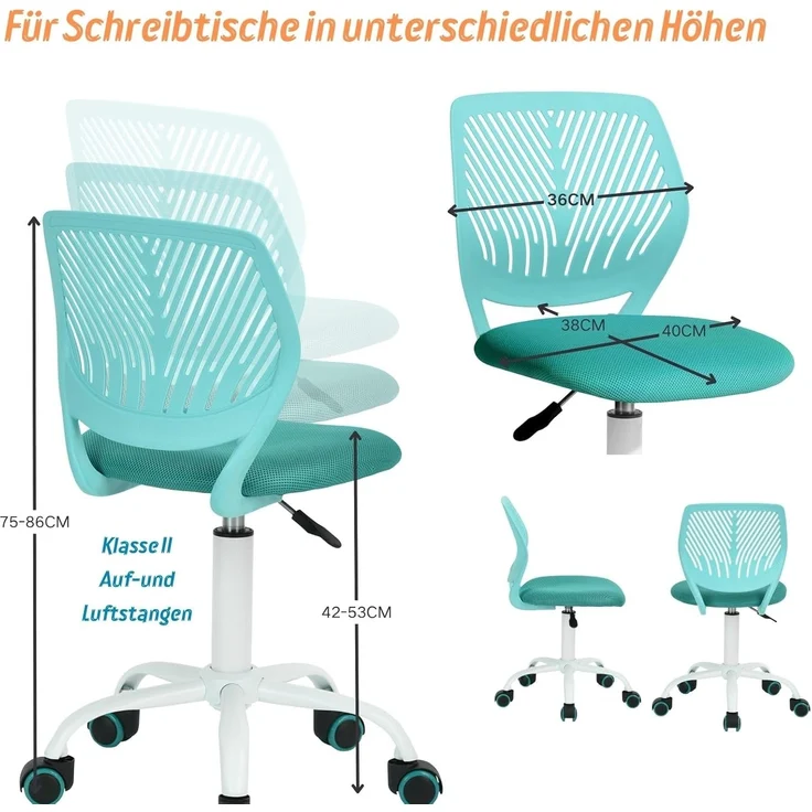 FurnitureR Bügelhocker ergonomisch, höhenverstellbar, ohne Armlehnen, Netzrückenlehne, Sitzfläche 38x40 cm, Rückenlehne 32cm, 130kg belastbar, Metallfuß mit Rollen, Grün – Bild 5