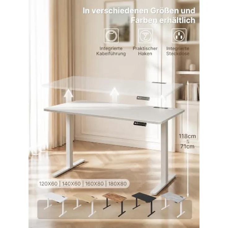 JUMMICO Höhenverstellbarer Schreibtisch 160x80 cm mit Steckdose | Schreibtisch Höhenverstellbar Elektrisch Stehtisch, Steh-Sitz Tisch, Bürotisch Computertisch, Wolkenweiß – Bild 3