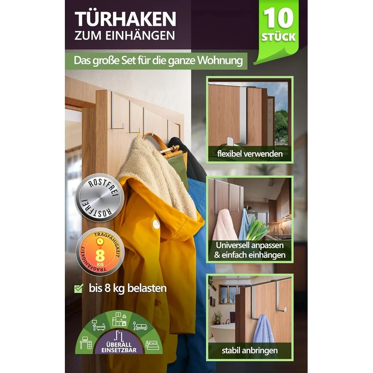 4smile Türhaken zum Einhängen - 10er Set, Fb. Grau - Solide Kleiderhaken Tür für die ganze Wohnung, flexible Haken zum Einhängen, belastbare Türhakenleiste, universelle Türgarderobe – Bild 2