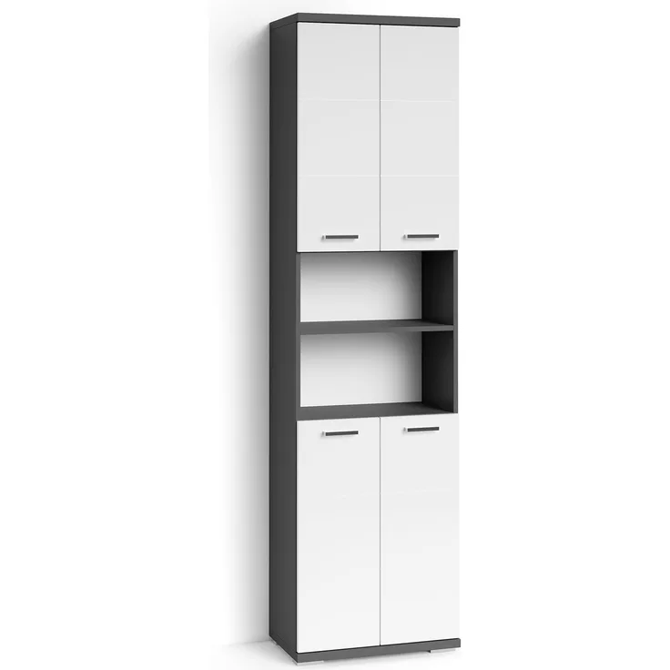 byLIVING Badezimmer-Hochschrank NEBRASKA / Anthrazit matt, Türen Hochglanz weiß lackiert / B 50, H 192, T 31,5 cm / 4 Türen mit offenen Elementen & viel Stauraum