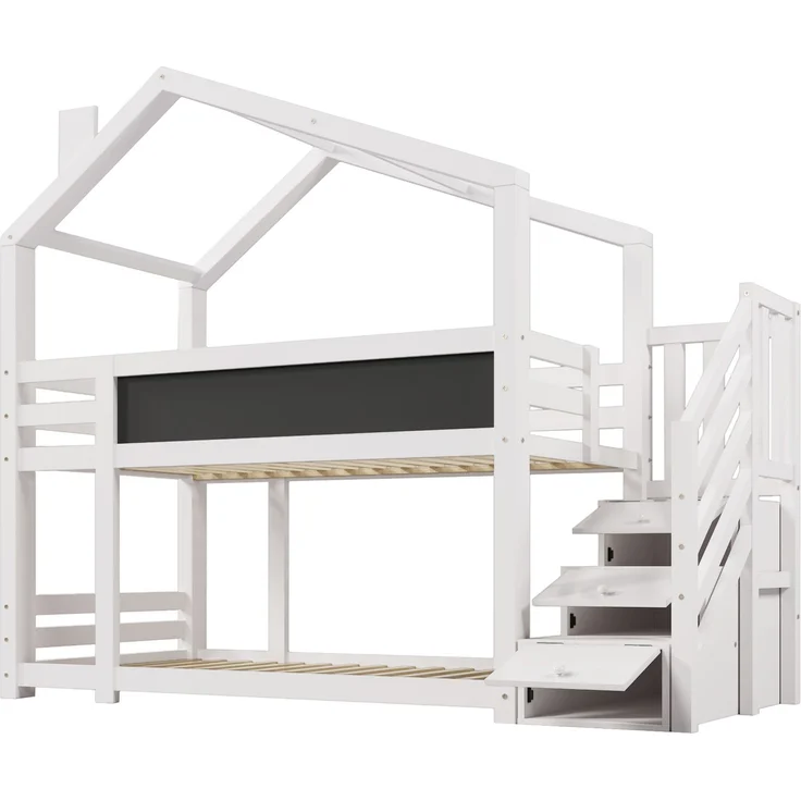 Kinder Hochbett Baumhaus mit Schubladen und Wandtafel, Weiß 90×200 cm, Etagenbett mit Treppe, Massivholz – Bild 10