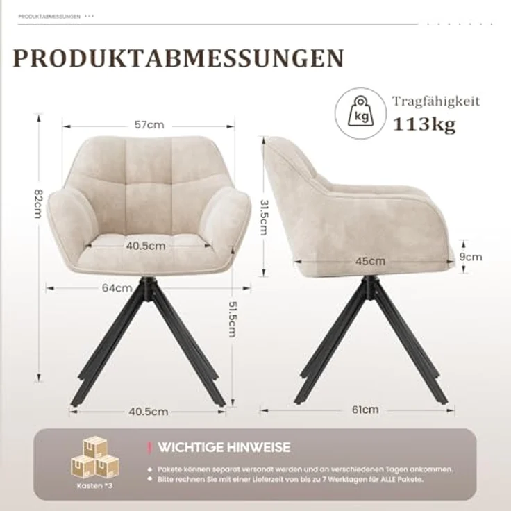 COLAMY Drehstühle für Esszimmer, 6er Set, Drehbare Polsterstühle mit Armlehnen und Rückenlehne, Bequeme Küchenstühle für Wohnzimmer & Essbereich, Beige – Bild 2