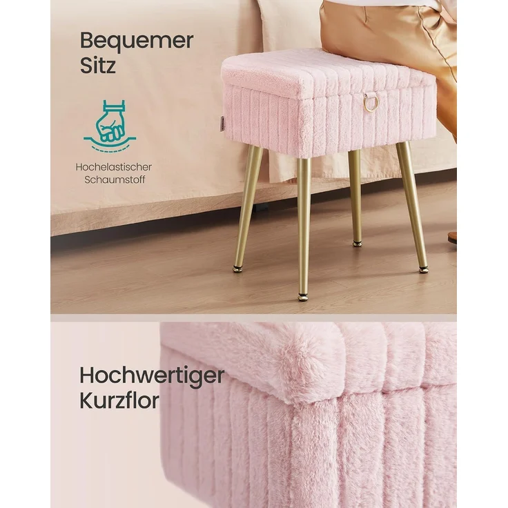 SONGMICS Schminktisch-Stuhl, Hocker mit Stauraum, Schminkhocker, Fußhocker, Metallbeine, gepolstert, verstellbare Füße, Wohnzimmer, Schlafzimmer, Ankleidezimmer, pastellrosa – Bild 4