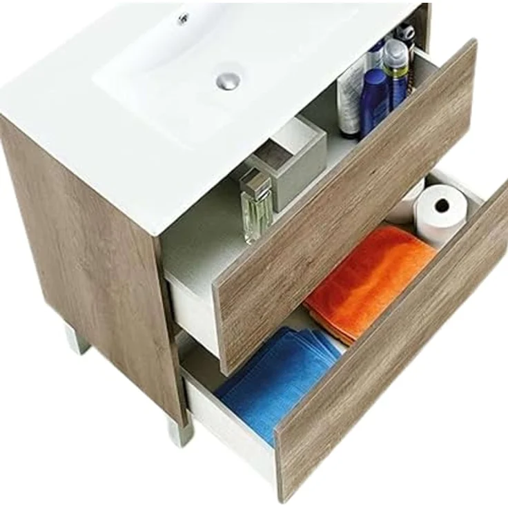 FORES HABITAT Waschbeckenunterschrank Nordik, 80x80x45 cm, 2 Schubladen mit Soft-Close und 4 Füßen aus eloxiertem Aluminium – Bild 3