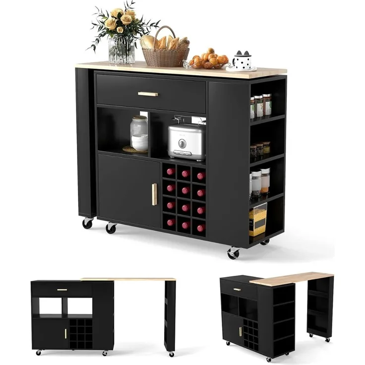 Küchenwagen & Bartisch mit Verstellbarem Regal & Schublade & Gewürzregal & Weinregal Schwarz