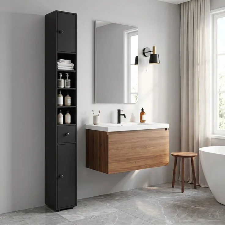 Kleankin Badkommode Hochschrank Toilettenschrank (schmaler Badezimmer-Aufbewahrungsschrank, 1 St, mit Schublade, verstellbaren Regalen), 20 x 20 x 180 cm, Schwarz
