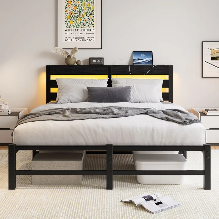 Schwarzes Metallbettgestell 140x200 cm, mit LED & USB, ohne Matratze, 200 kg